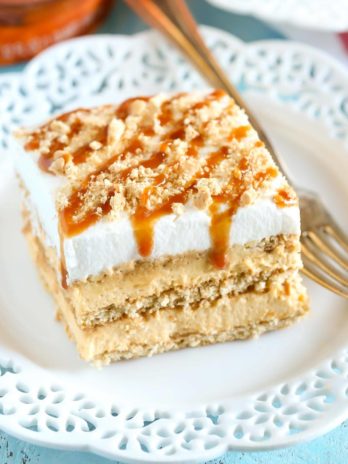 Layers of graham crackers, no-bake pumpkin spice cheesecake filling, and caramel topped off with homemade whipped cream. This No-Bake Pumpkin Caramel Icebox Cake is an easy and delicious fall dessert!