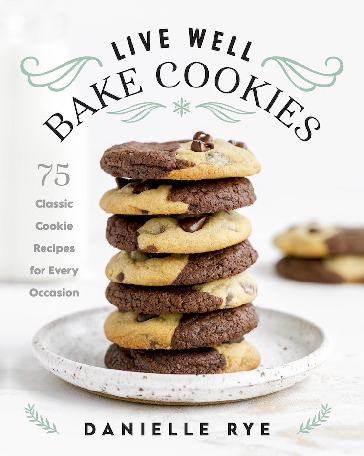 A stack of cookies with text over the top that says Live Well Bake Cookies.